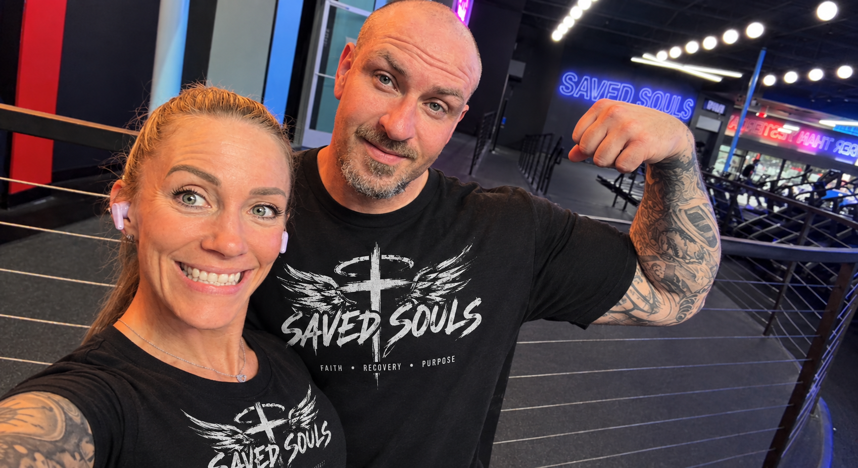 Dustin and Jamie, husband and wife team behind Saved Souls Wellness & Nutrition, at the gym